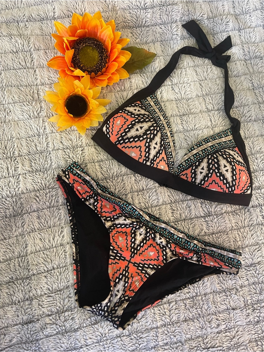Skye Multicolor Geometric Print Swim Top - Turquoise, Coral, Black